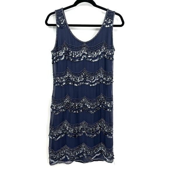 PISARRO NIGHTS Navy Blue Silk Beaded Sequin Cocktail Mother Of The Bride Dress 6 - Picture 3 of 8